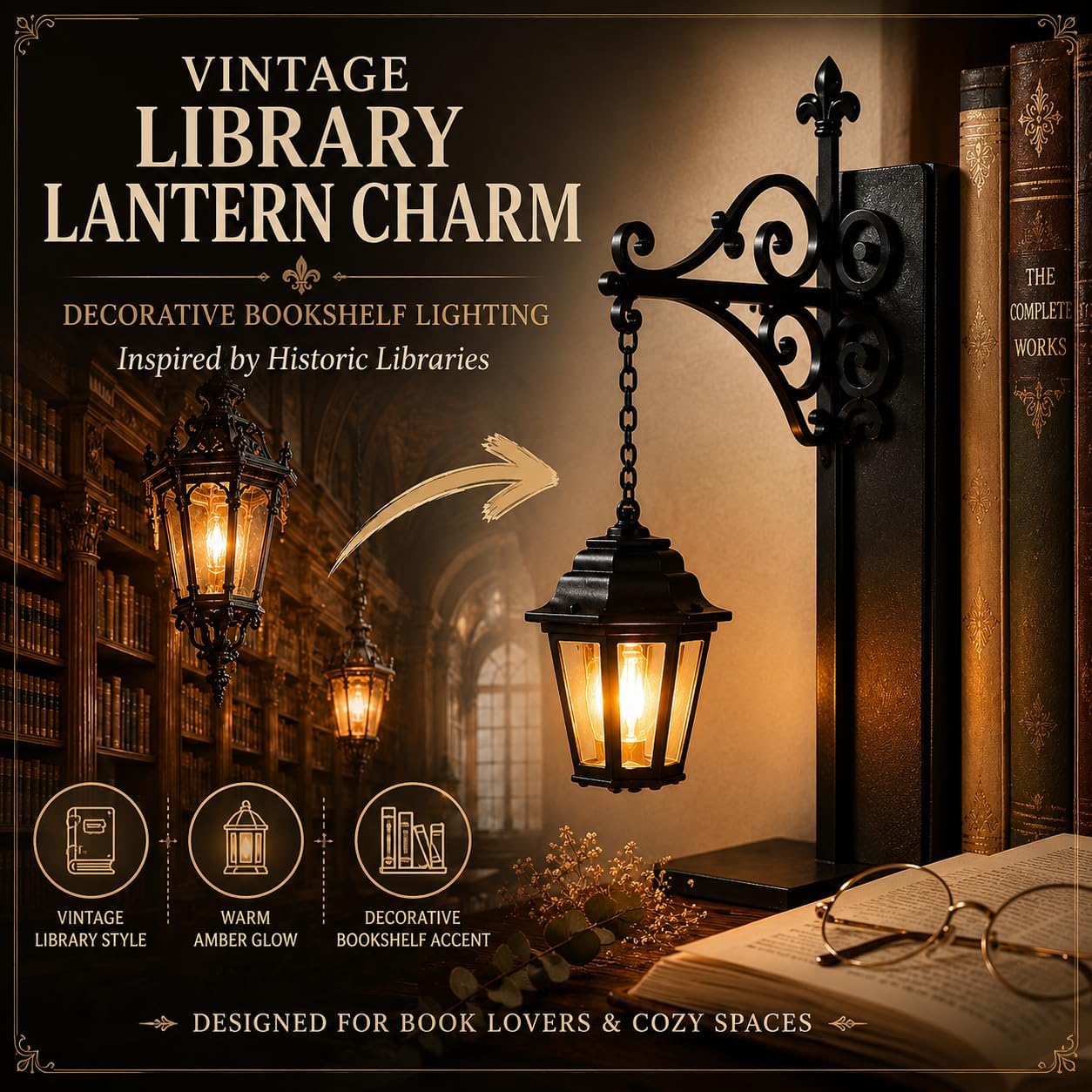 Library Lantern-Decorative Bookshelf Lighting, Mini Bookshelf Lamp Slides Between Books, Warm Amber LED Bookshelf Lights for Book Nook, Shelf Decor Gift for Book Lovers(Reading Ghost)
