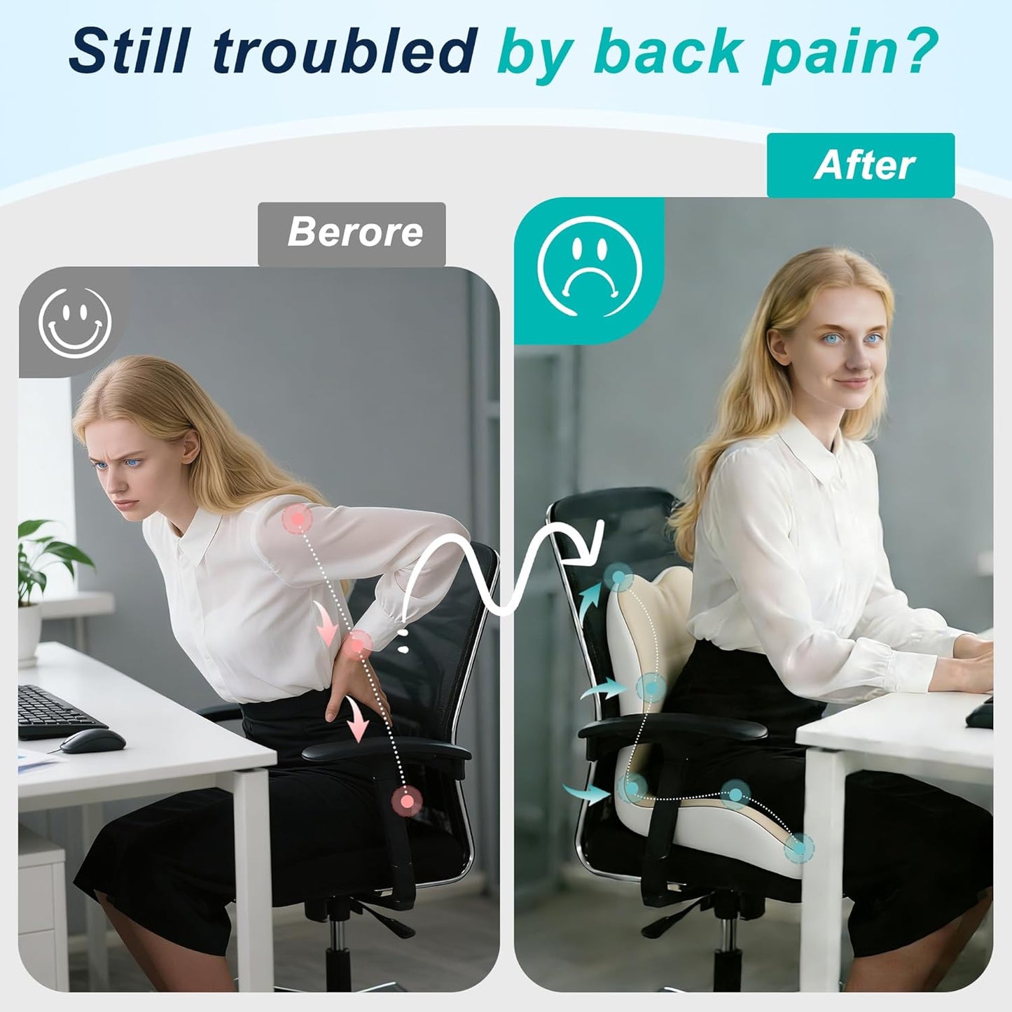 Seat Cushion for Office Chair and Car, Lumbar Support Pillow for Office Chair, Memory Foam Ergonomic Seat Cushion for Long Sitting, Back & Tailbone Pain, Sciatica - Dark Gray & Light Gray