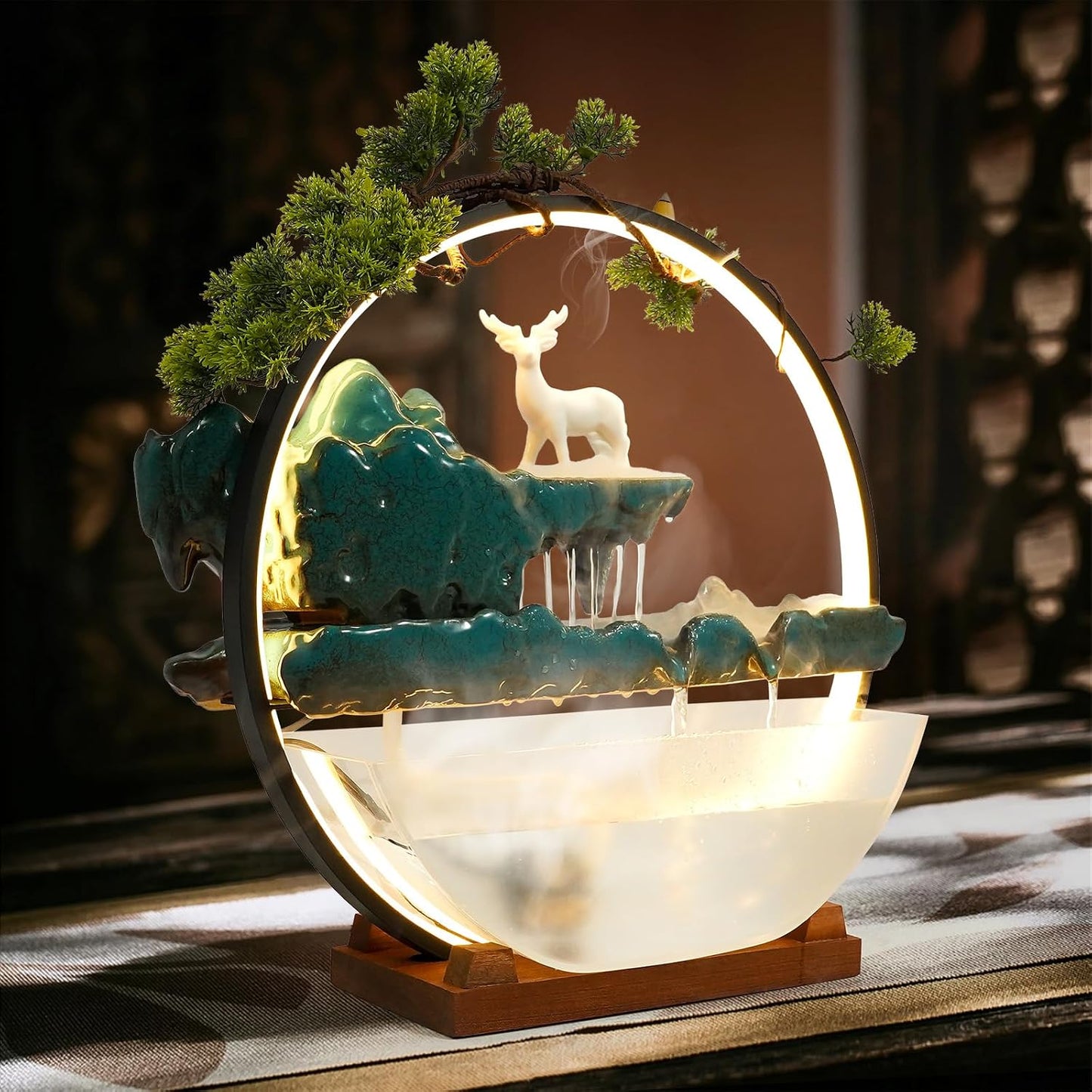 Mini Artificial Bonsai Tree Waterfall Fog Feature Rock Tabletop Fountain | 11in Desktop Decor Waterfall Fountain W/ Water Pump& Atomizer&LED Lights &Fake Tree Office Bedroom Relax