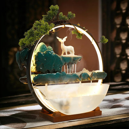 Mini Artificial Bonsai Tree Waterfall Fog Feature Rock Tabletop Fountain | 11in Desktop Decor Waterfall Fountain W/ Water Pump& Atomizer&LED Lights &Fake Tree Office Bedroom Relax