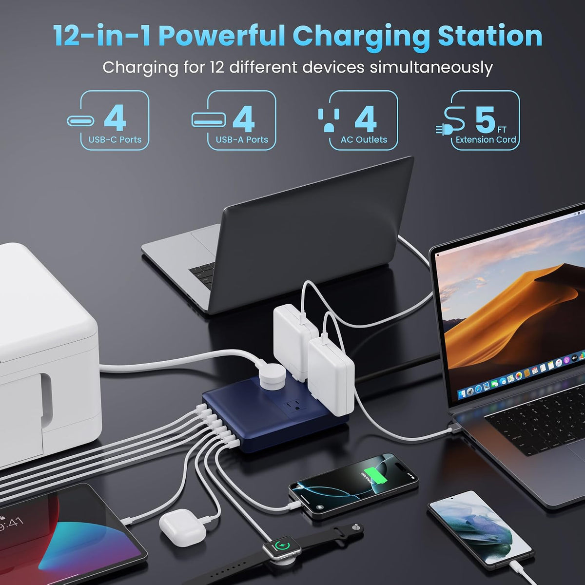 12-in-1 Charging Station USB C Power Strip with 5ft Cord and Plug,200W GaN IV USB C Charger Block,4 AC Outlets,8 USB for MacBook,iPhone 17/16/15,Fast Charging Desktop Charger for Office,Home