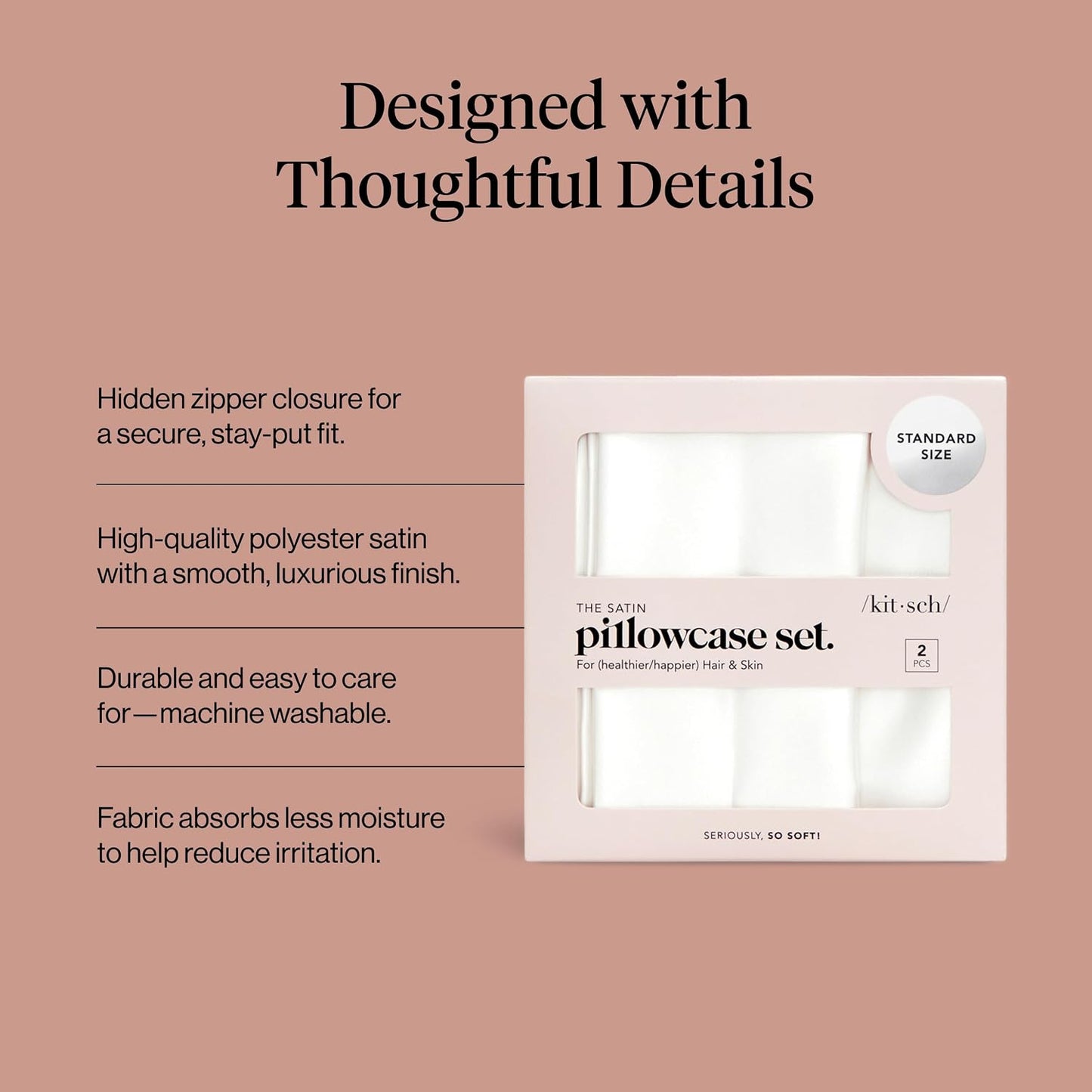 Kitsch Satin Pillowcase with Zipper for Hair & Skin - Softer Than Silk Pillow Cases, Smooth Cooling Satin Pillow Case, Wrinkle-Free, Machine Washable - Pillow Cases Standard Size (19x26) - Blush