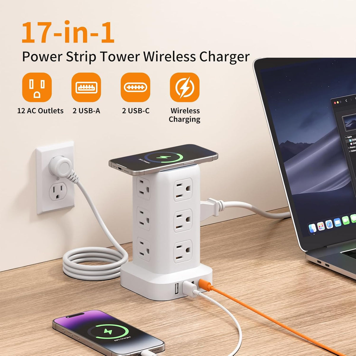 Extension Cord with Multiple Outlets, SMALLRT Power Strip Tower, Outlet Extender with 12 AC Outlets 4 USB, 6.5FT Extension Cord for Home Dorm Room, Office Supplies,Overload Protection