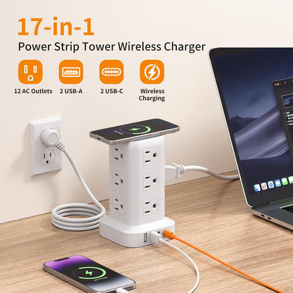 Extension Cord with Multiple Outlets, SMALLRT Power Strip Tower, Outlet Extender with 12 AC Outlets 4 USB, 6.5FT Extension Cord for Home Dorm Room, Office Supplies,Overload Protection