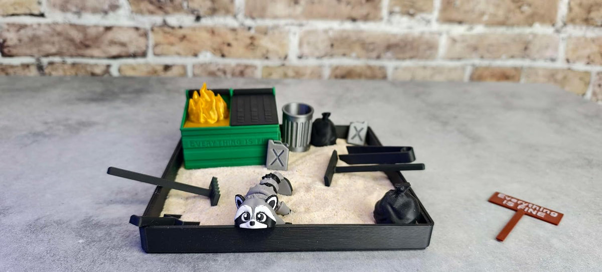 Munnygrubbers - Dumpster Fire Zen Garden - Made in USA - Large 7" x 7" - Fine Sand Included - Desk Accessory Box Garden - Funny Novelty Gift - Fidget Stress Relief