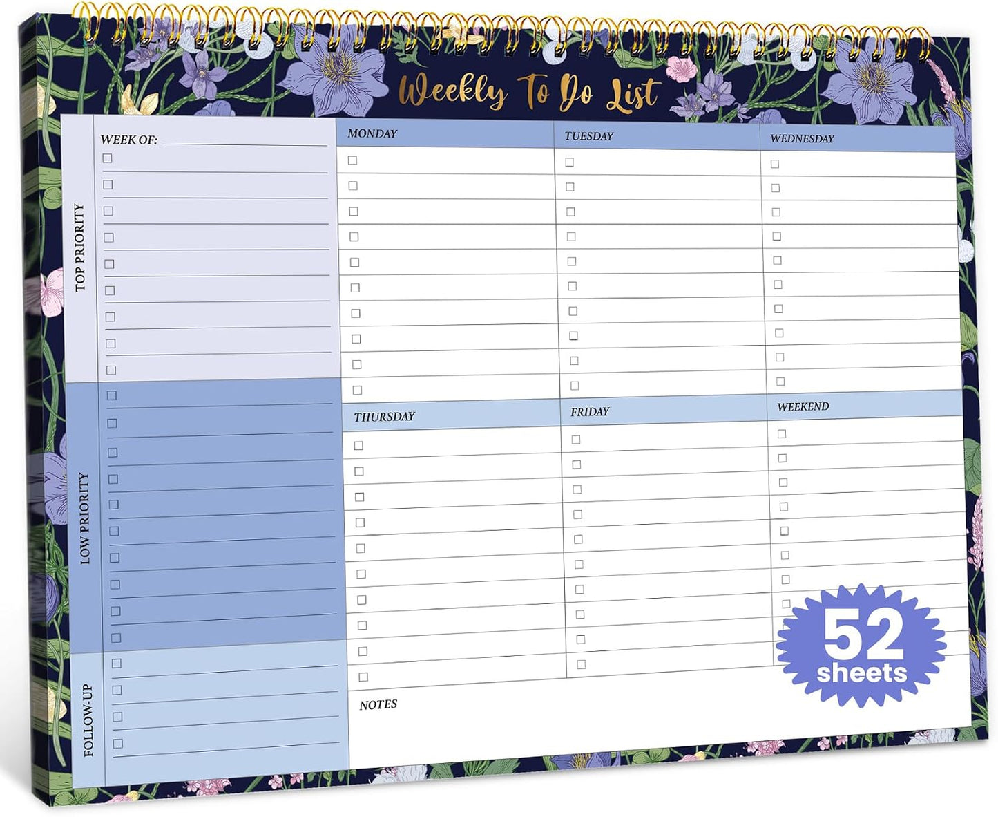 Weekly To Do List Notepad with 52 Undated Sheets（8.5"×11"）- Undated Weekly Planner Notepad for Office Desk Accessories and Supplies - Sunshine Petal