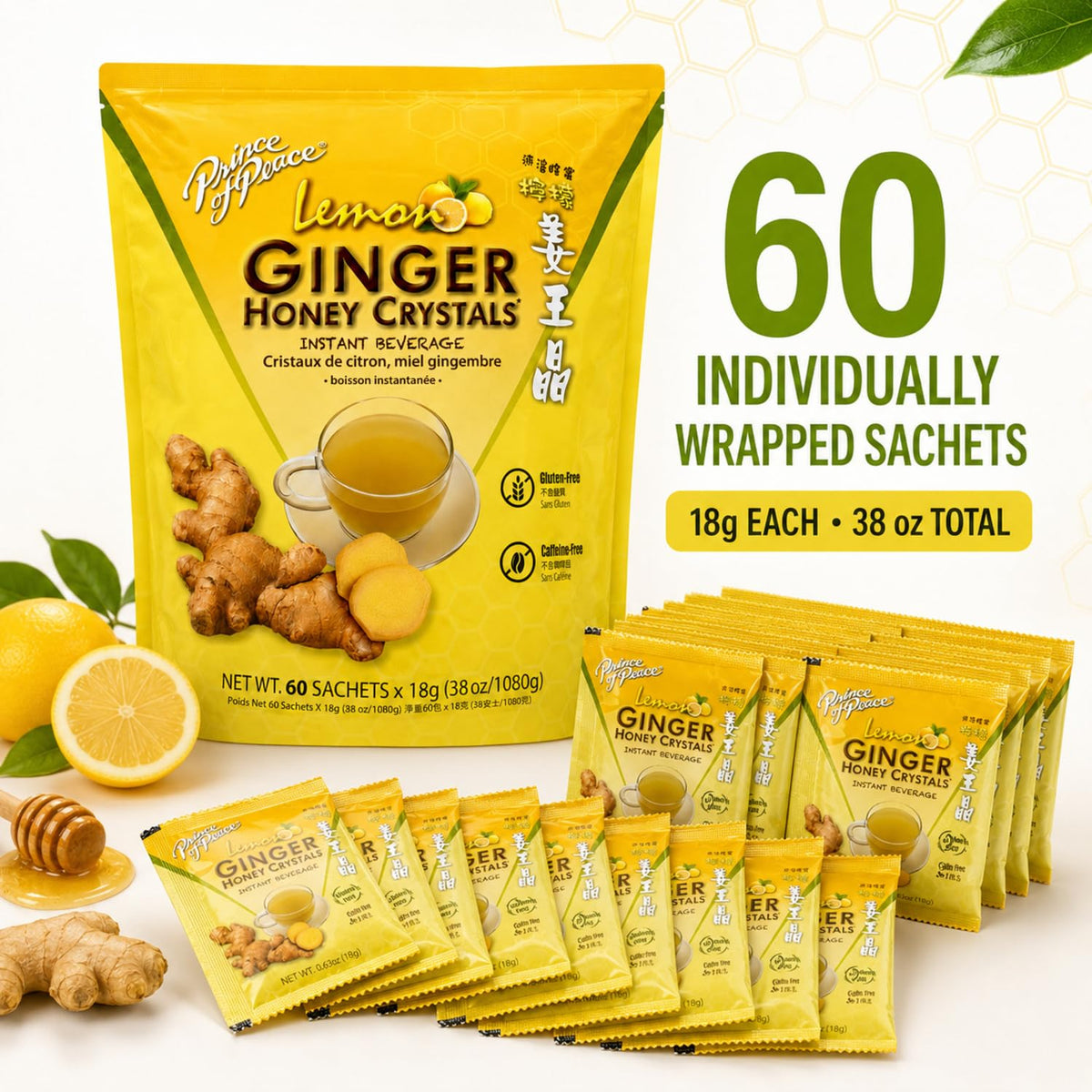 Prince of Peace Instant Ginger Honey Crystals with Lemon, 60 Sachets – Instant Hot or Cold Beverage – Easy to Brew – Drink Like a Tea – Caffeine and Gluten Free – Real Ginger