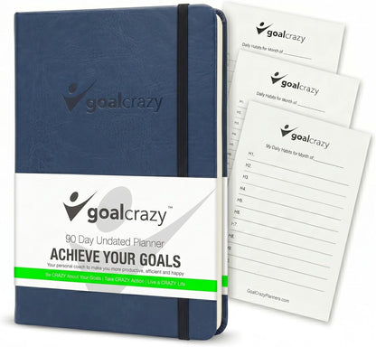 Goal Crazy Undated Planner – 90 Day Guided Journal & Productivity Organizer, A5 Daily & Weekly Planner with Goal Setting, Habit Tracker, To Do List, Academic & Work Calendar, Leather Hardcover - Black
