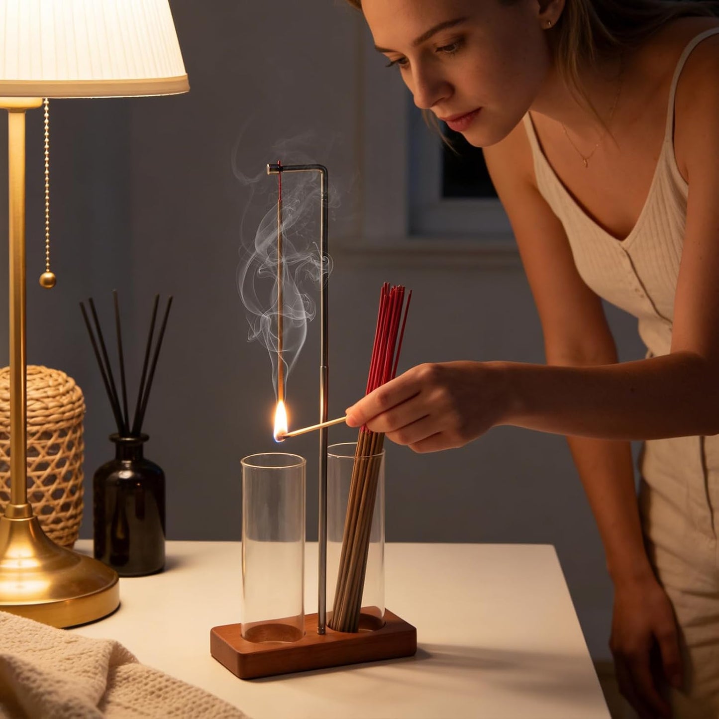 Incense Holder for Sticks, 2 in 1 Incense Sticks Burner with Glass Ash Catcher & Storage, Upside Down Incense Holder with Brush, Anti-Ash for Yoga Meditation Spa Outdoor Patio(Extends 8.7"-13.4")