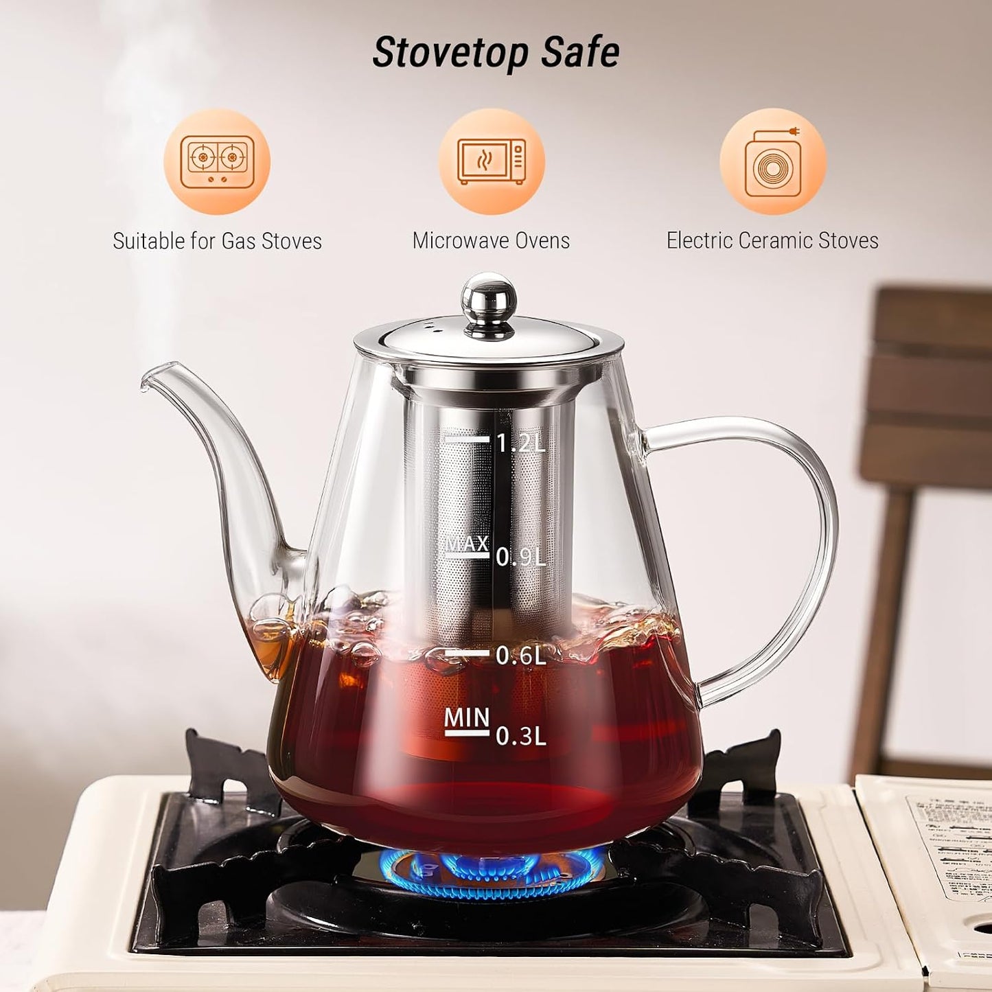 PARACITY Glass Teapot Stovetop 40 OZ/1200ml, Borosilicate Clear Tea Kettle with Removable 18/8 Stainless Steel Infuser, Teapot Blooming and Loose Leaf Tea Maker Tea Brewer for Camping, Travel
