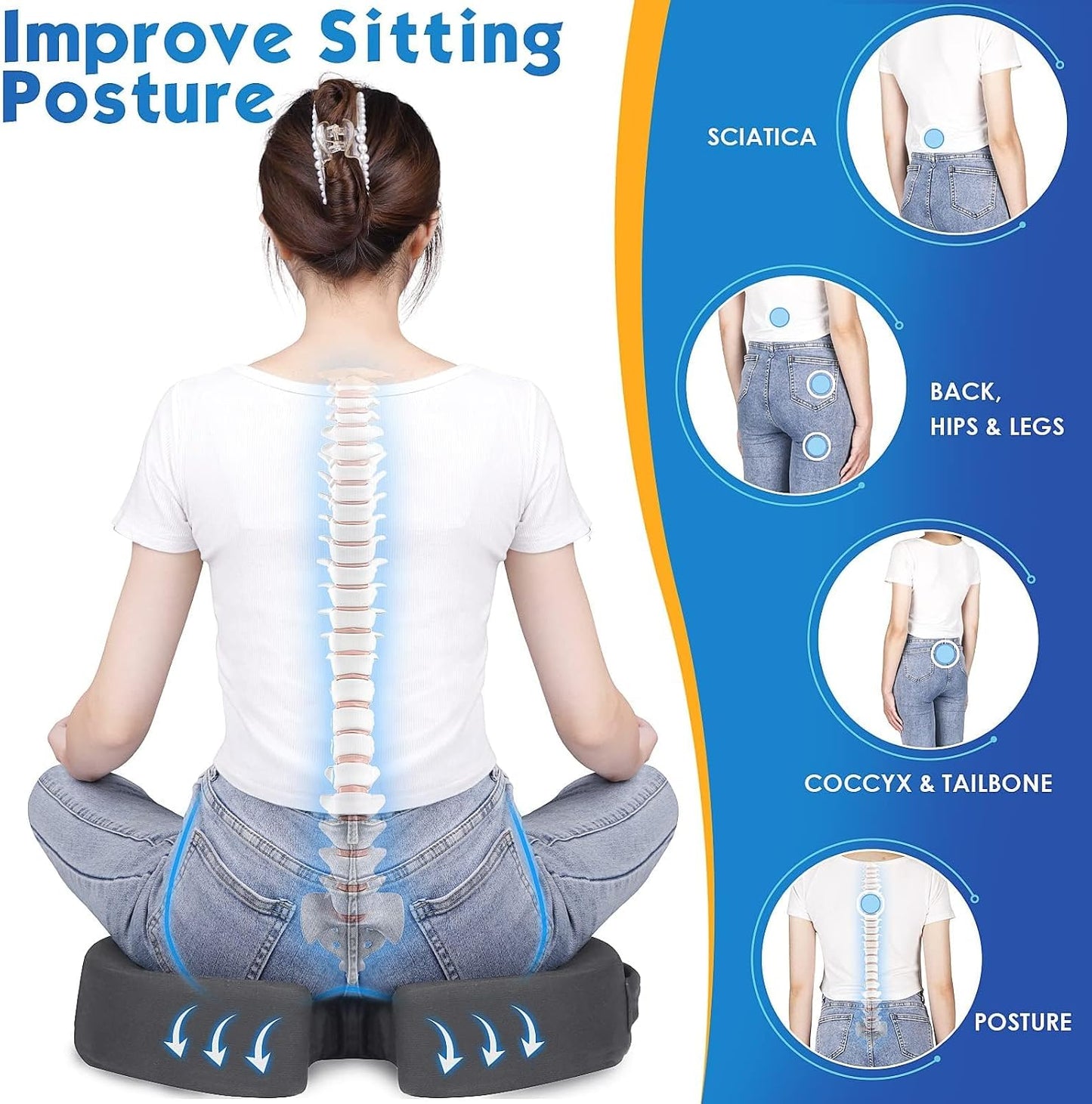 TushGuard Seat Cushion for Office Chair Memory Foam Non-Slip Desk Seat Cushion Back, Coccyx, Sciatica, Tailbone Pain Relief Butt Pillow for Office Chair, Car, Wheelchair, Black
