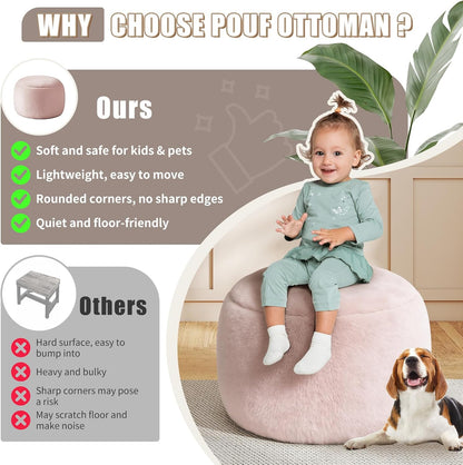 Round Stuffed Pouf Ottoman Foot Rest, Faux Fur Poufs with Memory Foam Filling, Ottomans for Living Room, Nursery, Dorm, Soft Foot Stool Ottoman for Couch, Perfect for Resting Your Feet (Grey, 20 Inch)