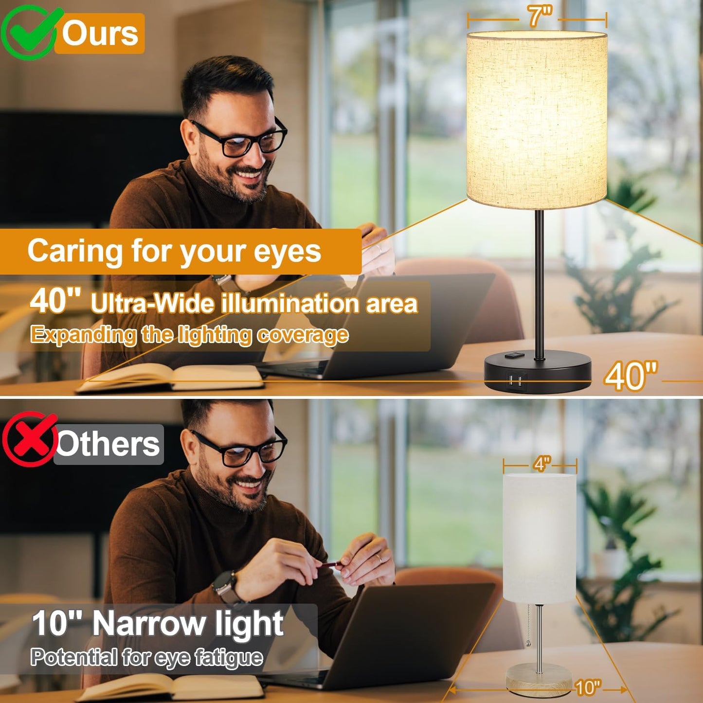 Set of 2 Touch Control Table Lamps with 2 USB & AC Outlet, 3-Way Dimmable Bedside Nightstand Lamps for Bedroom Living Room Nursery, 800 Lumens 5000K Daylight Bulbs Included