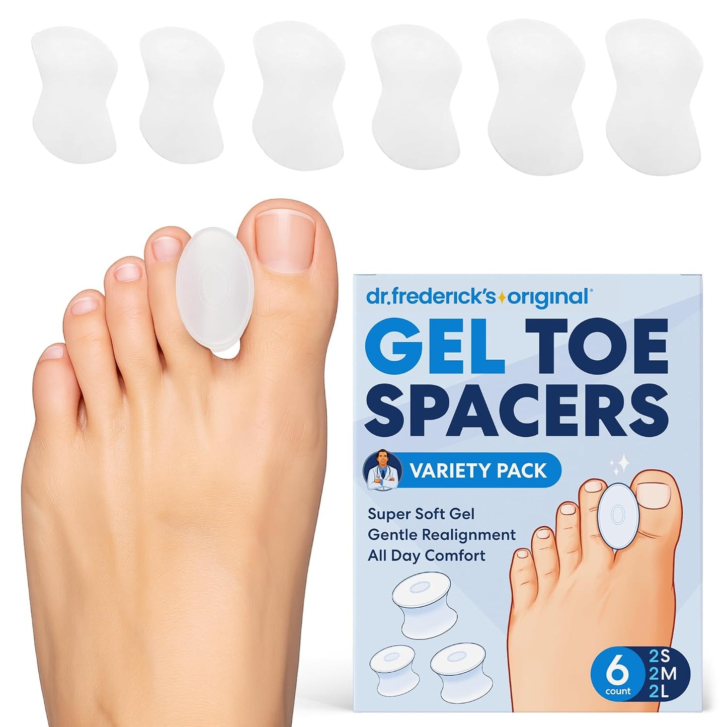 Dr. Frederick’s Original Gel Toe Separators - 6 ct - Soft Bunion Spacers for Overlapping Toes, Gentle Alignment & Foot Pain Relief - Toe Cushion Spacers for Women & Men - Washable & Reusable - Large