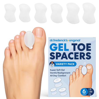 Dr. Frederick’s Original Gel Toe Separators - 6 ct - Soft Bunion Spacers for Overlapping Toes, Gentle Alignment & Foot Pain Relief - Toe Cushion Spacers for Women & Men - Washable & Reusable - Large