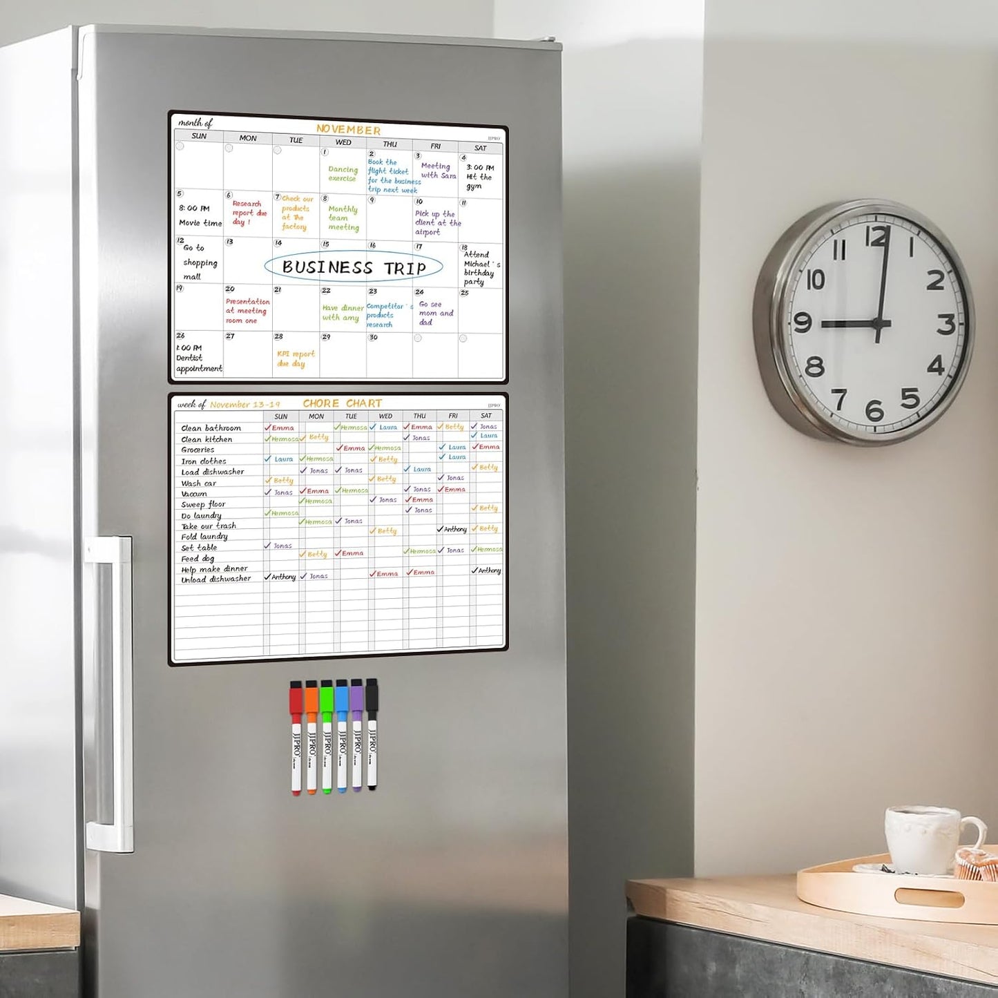 JJPRO Magnetic Monthly Calendar Whiteboard Set for Fridge-Monthly Planning Board and Two Bonus Dry Erase Grocery Board&Weekly Menu Board-Meal Planner Whiteboard/to-Do List-6 Markers