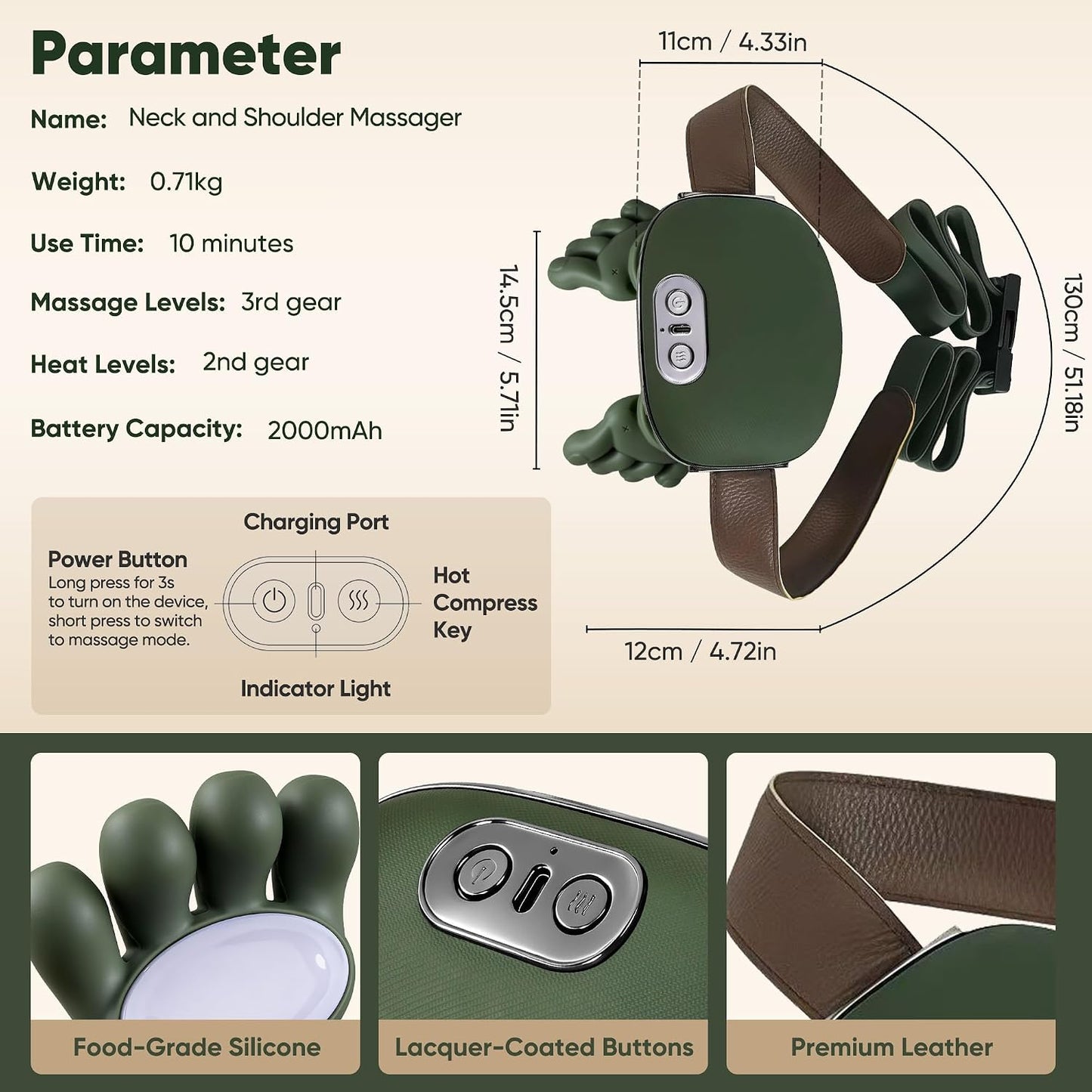 Shoulder and Neck Massager, Bionic Heated Massager, Neck Massager with Fingers, 4D Kneading Massage, Simulates a Real Palm Massage for Comfort, Relax Muscle Tension (Green)