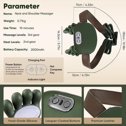 Shoulder and Neck Massager, Bionic Heated Massager, Neck Massager with Fingers, 4D Kneading Massage, Simulates a Real Palm Massage for Comfort, Relax Muscle Tension (Green)