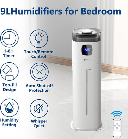 Akeshan Large Humidifiers for Bedroom, 9L/2.5Gal Ultrasonic Cool Mist Humidifier, Top Fill Easy Clean with 350ML/H Large Mist Speed, Quiet, Suitable for Kids Room Plant Yoga Office Study Room Living