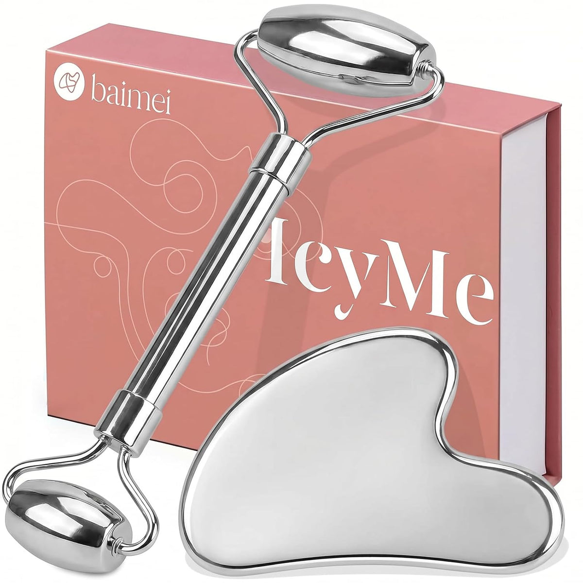 BAIMEI IcyMe Rose Quartz Roller & Gua Sha Facial Tool Set for Depuffing