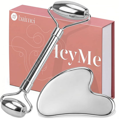 BAIMEI IcyMe Rose Quartz Roller & Gua Sha Facial Tool Set for Depuffing