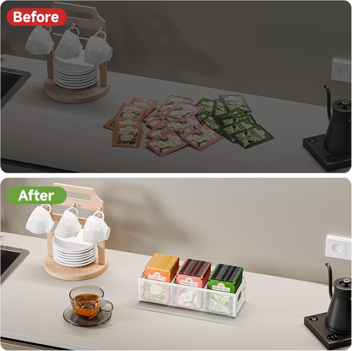 2 Tier Tea Bag Organizer, Mesh Tea Bag Holder with Handle, Teabag Holder, Tea Station Organizer for Countertop, Pantry, Kitchen, Cabinet -Black