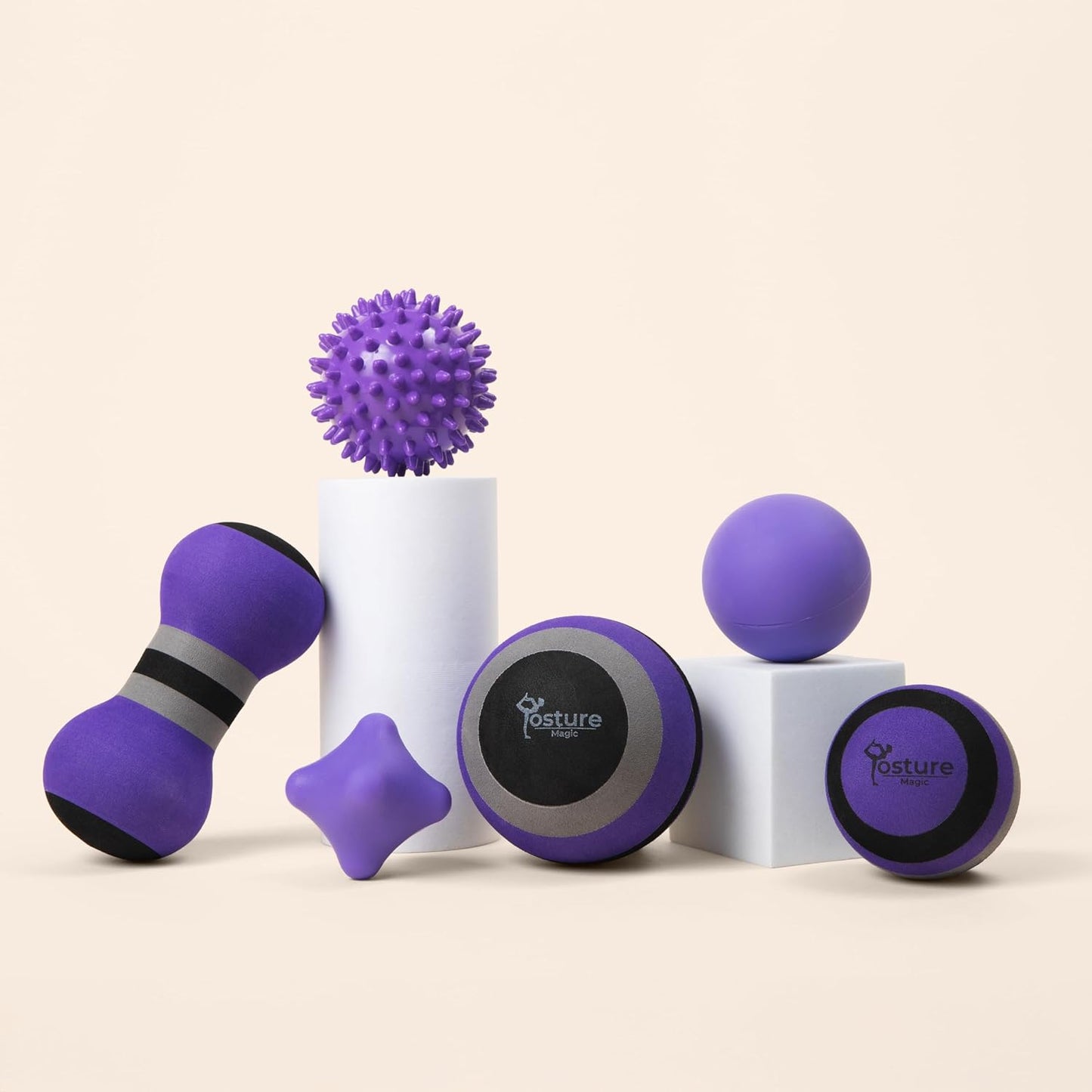 Posture Magic Massage Ball Kit for Myofascial Trigger Point Release & Deep Tissue Massage - Set of 6 - Large Foam/Small Foam/Lacrosse/Peanut/Spiky/Hand Exercise Ball (Purple)