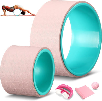 Arrowbash 5-in-1 Pink Yoga Wheel Set Back Stretcher Wheel Deep Tissue Massage Foam Roller Trigger Point Relieve Ball, Resistance Loop Exercise Bands Massage Roller for Deep Tissue Yoga Beginner Gift