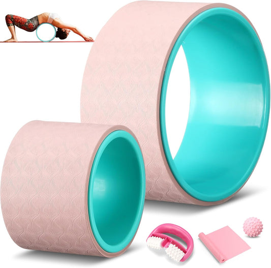 Arrowbash 5-in-1 Pink Yoga Wheel Set Back Stretcher Wheel Deep Tissue Massage Foam Roller Trigger Point Relieve Ball, Resistance Loop Exercise Bands Massage Roller for Deep Tissue Yoga Beginner Gift