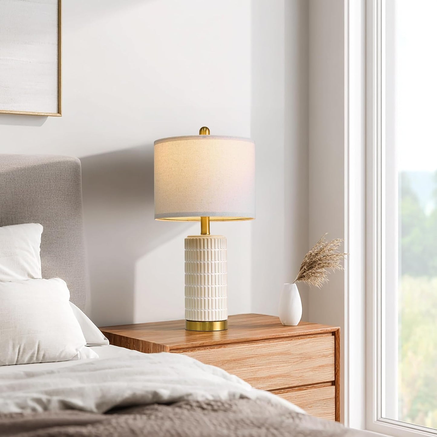 PoKat 20.75" Small Modern Ceramic Table Lamps Set of 2 for Bedroom, White Bedside Lamps for Night Stands, Farmhouse Desk Home Decor Gift Nightstand Table Lamps for Living Room End Table Beige