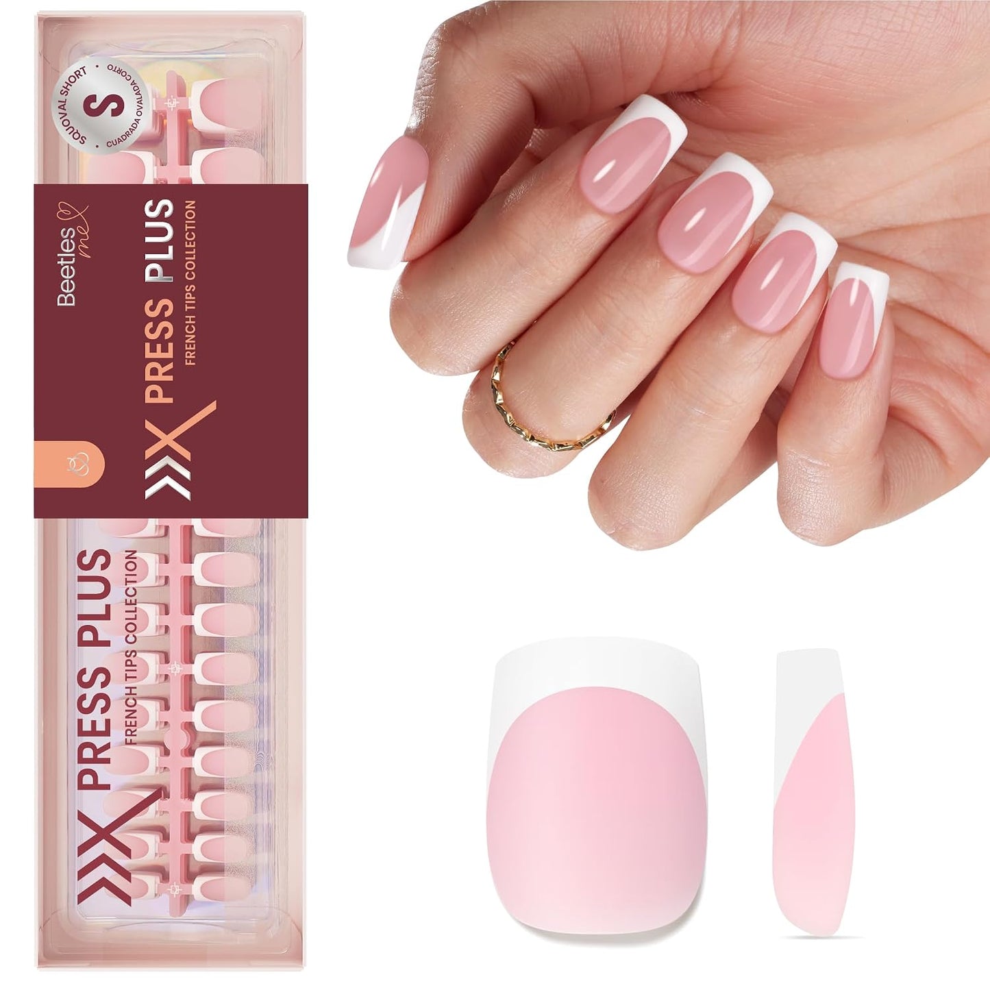 Beetles Press On Nail Kit-Short Square French Tip Press On Nails, 150Pcs Pink French Nail Tips with Nail Glue & Remover Builder Top Coat Nail Lamp, All-in-One DIY Fake Nails Gift for Women