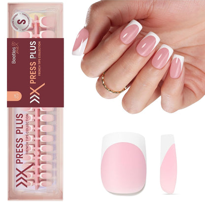 Beetles Press On Nail Kit-Short Square French Tip Press On Nails, 150Pcs Pink French Nail Tips with Nail Glue & Remover Builder Top Coat Nail Lamp, All-in-One DIY Fake Nails Gift for Women