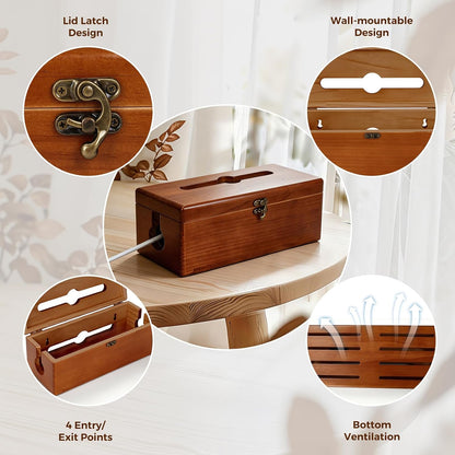 Large Cable Management Box with Clasp, Soild Wood Cord Box with 4 Open Slots, Cable Box to Hide Cords and Power Strip