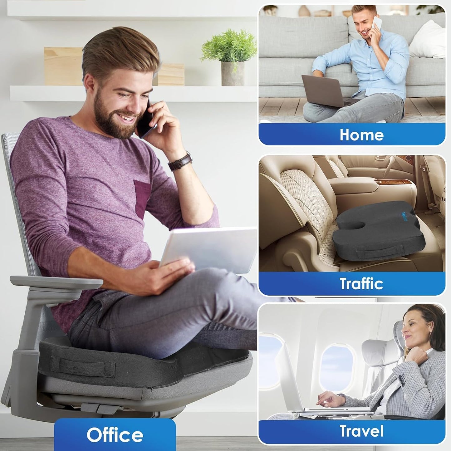 TushGuard Seat Cushion for Office Chair Memory Foam Non-Slip Desk Seat Cushion Back, Coccyx, Sciatica, Tailbone Pain Relief Butt Pillow for Office Chair, Car, Wheelchair, Black