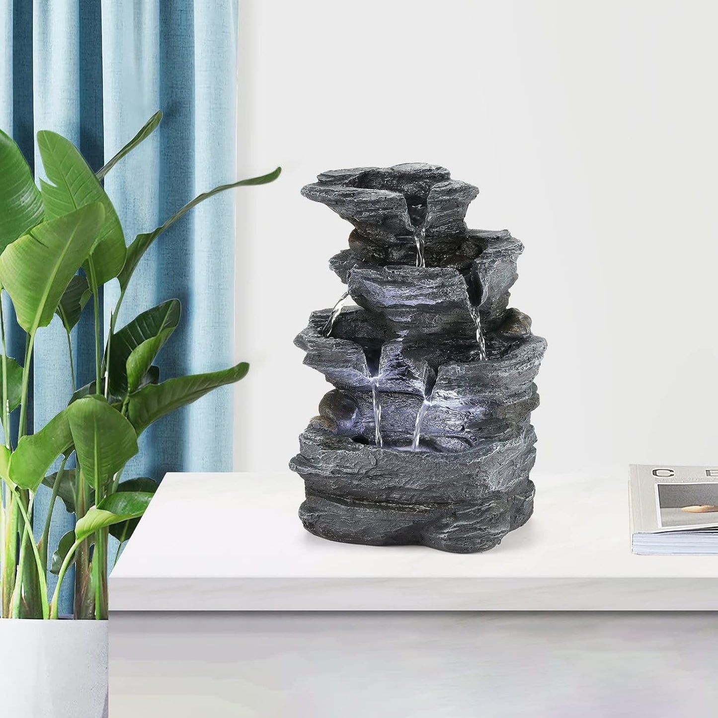 WICHEMI Indoor Fountain Tabletop Fountain Waterfall Fountains Stacked Rocks | Desktop Fountain With LED Light, Soothing Sound, Stress Relief, Humidifies Air, No Plumbing, Easy Setup, 11.8"X8.7"X5.9"