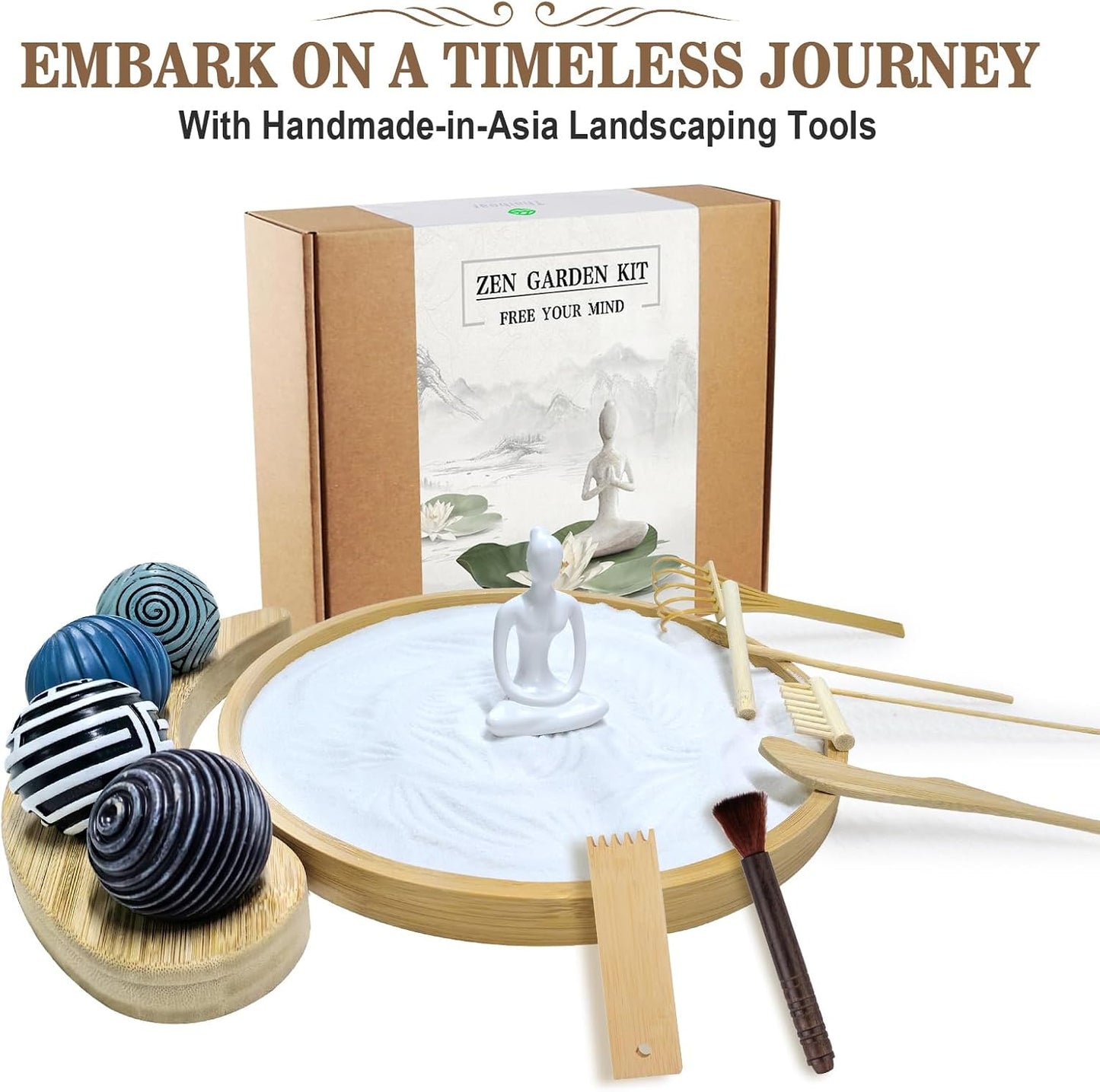 Zen Garden Kit for Desk - Premium Beautiful Japanese Mini Zen Sand Garden Box Gift Set for Home Decor, Office Desk with Large Round Bamboo Tray, White Sands, 4 Sand Spheres & Spheres Holder