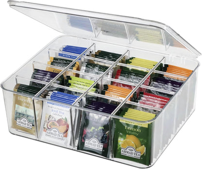 ZEXALOR Clear Tea Bag Organizer, Dresser Organizers Drawer Organzier Storage Container with Removable Dividers, Plastic Storage Bin with Lid, Organizer for Scarves Ties Bras