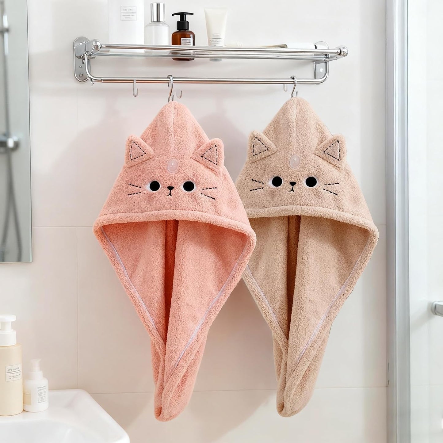2Pack Microfiber Hair Towel Wrap for Kids, Cute Cat Absorbent Hair Drying Turbans Head Towels for Women Girls (Pink and Gray cat)
