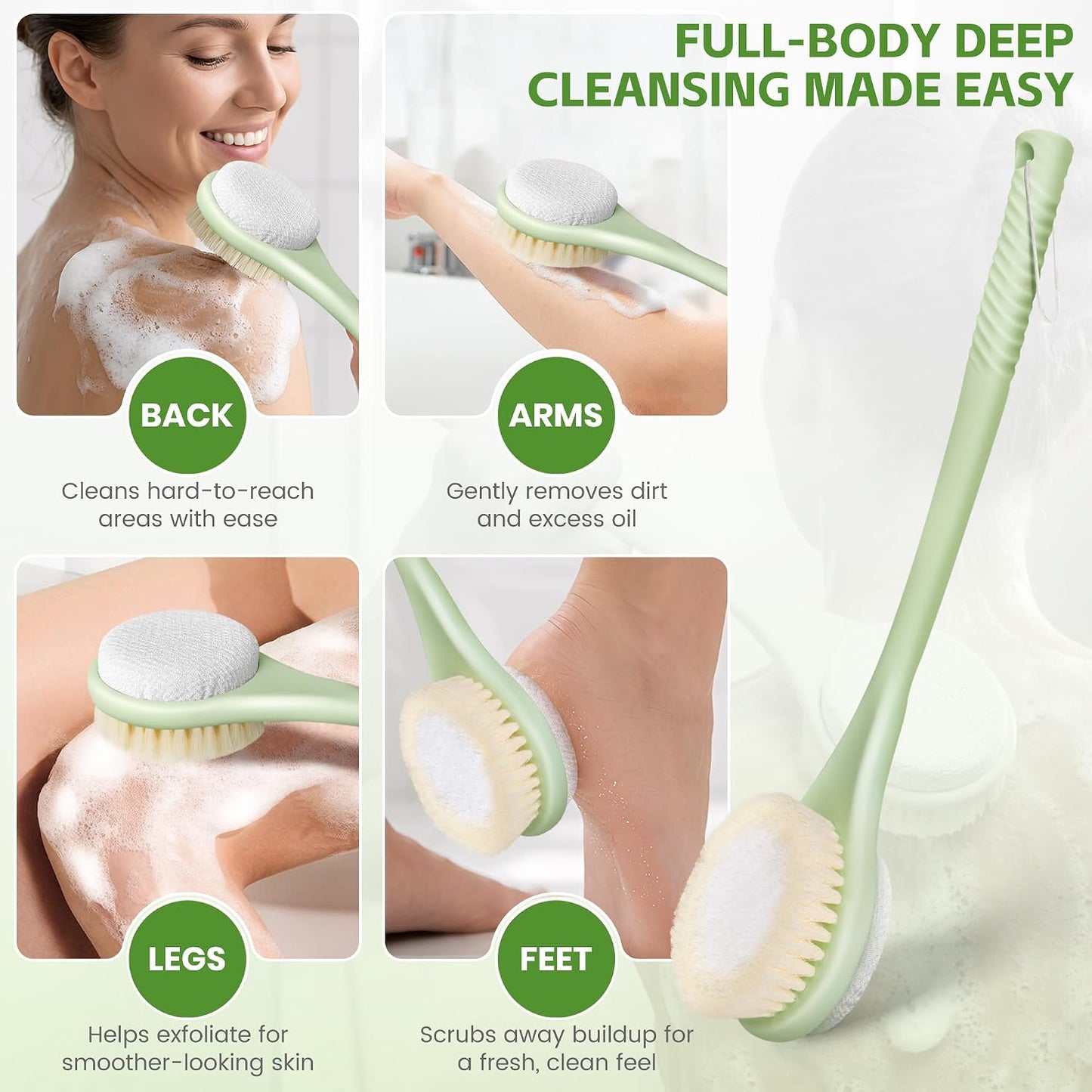 Back Scrubber for Shower, 15.7" Loofah with Handle, Back Shower Brush with Bristles and Loofah, Dry Brushing Body Brush for Cleanse Back and Hard to Reach Areas with Curved Long Handle