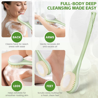 Back Scrubber for Shower, 15.7" Loofah with Handle, Back Shower Brush with Bristles and Loofah, Dry Brushing Body Brush for Cleanse Back and Hard to Reach Areas with Curved Long Handle