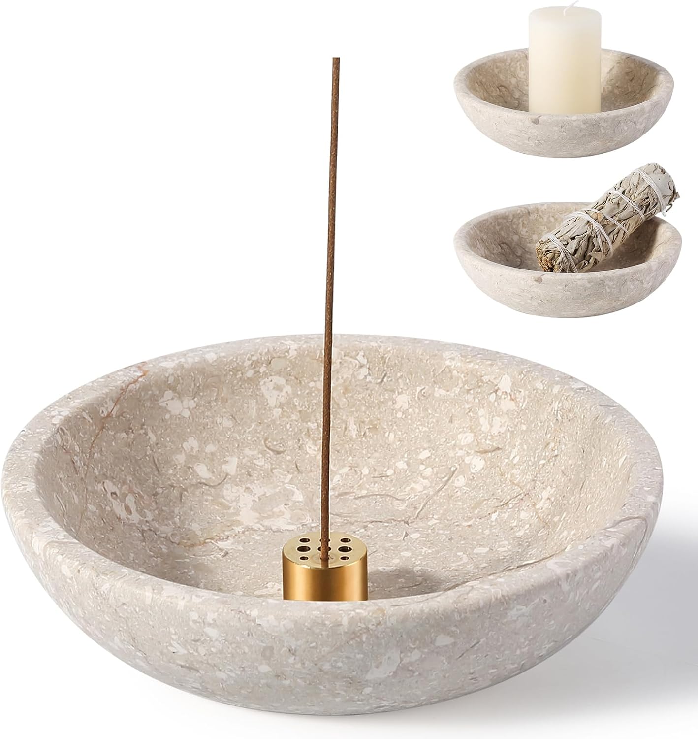 Koville Natural Marble Incense Holder, Incense Holder for Sticks with 9 Holes, Handmade Incense Burner Ash Catcher for Meditation Yoga SPA, Balsam Fir/Palo Santo/Sage/Cone (White)