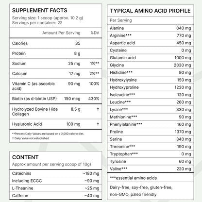 FKRO Matcha Collagen Peptides Powder with Biotin, Hyaluronic Acid & Vitamin C | Type I & III Hydrolyzed Collagen for Hair, Skin & Nails | Unsweetened Japanese Matcha Latte | 22 Servings, 7.9oz