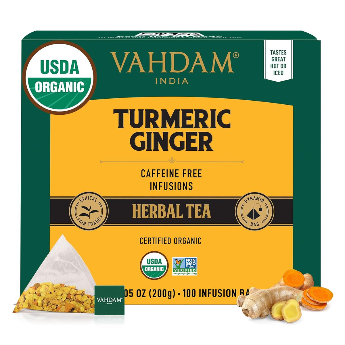 VAHDAM Organic Turmeric Ginger Herbal Tea Bags (100 Pyramid Tea Bags) Caffeine Free, Non GMO | 100% Pure Herbal Blend - Savory & Spicy, Plant-Based Teabags | Resealable Ziplock Pouch