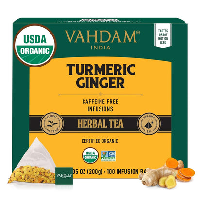 VAHDAM Organic Turmeric Ginger Herbal Tea Bags (100 Pyramid Tea Bags) Caffeine Free, Non GMO | 100% Pure Herbal Blend - Savory & Spicy, Plant-Based Teabags | Resealable Ziplock Pouch