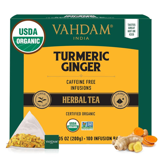 VAHDAM Organic Turmeric Ginger Herbal Tea Bags (100 Pyramid Tea Bags) Caffeine Free, Non GMO | 100% Pure Herbal Blend - Savory & Spicy, Plant-Based Teabags | Resealable Ziplock Pouch