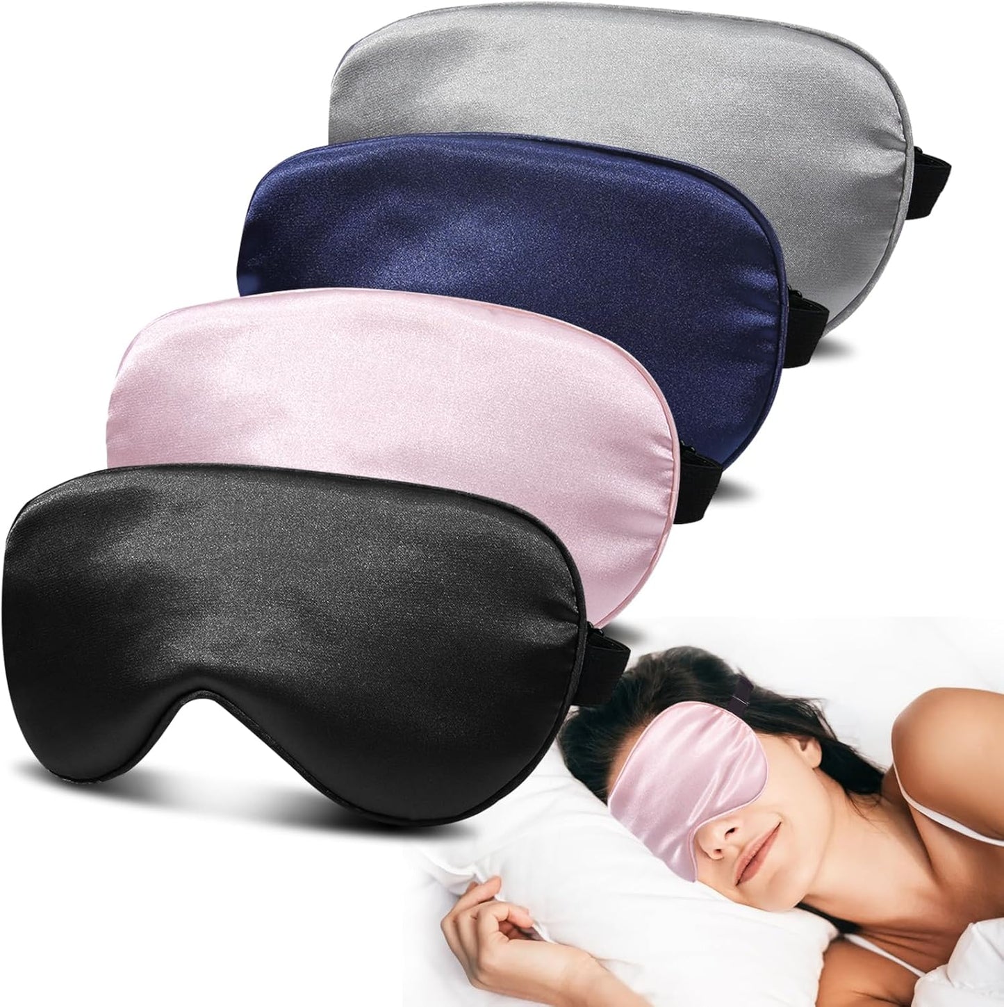 4 Pack Silk Sleep Mask - 100% Blackout, Zero Eye Pressure, Blindfold with Adjustable Strap, Super Soft Travel Eye Covers (Black, Pink, Blue, Purple)