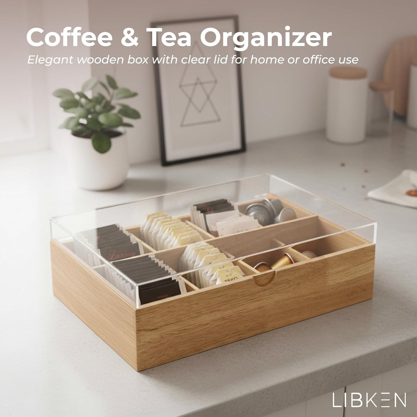 LIBKEN Wooden Tea Bag Organizer Box – 8 Compartment Tea Storage with Clear Lid – Minimalist Scandinavian Design – Versatile Wooden Tea Box for Tea Bags, Jewelry, Crafts, Office & Countertop Storage