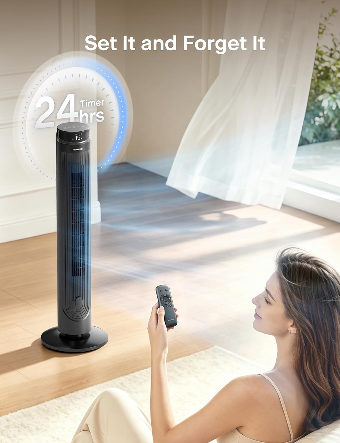 PELONIS 40 inch Bladeless Tower Fan for Bedroom, Standing Fan with Remote Control, 26ft/s, 90° Oscillation, 3 Speed Settings, 27dB, 3 Modes, 15-Hour Timer, LED Display, Fan that Blows Cold Air, White