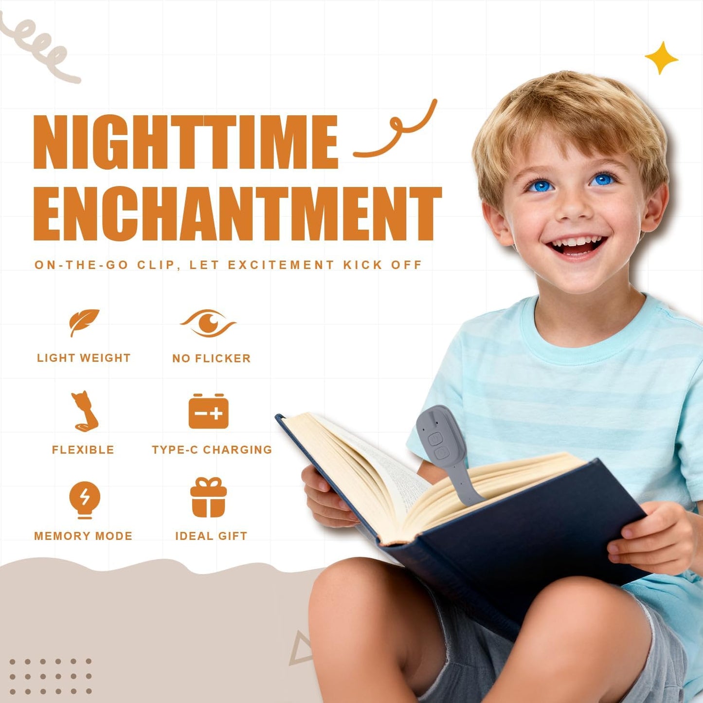 Rechargeable Kids Book Light, Cute Bookmark Reading Light for Kids, Dimmable Portable LED Book Light for Reading in Bed, Eye-Caring Bedtime Reading Lamp for Children & Travel, Black