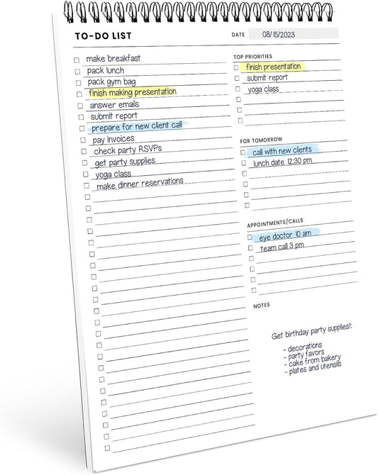 To Do List Spiral Notepad 8.5x11 52 Sheets, Daily Planner Notebook for Work